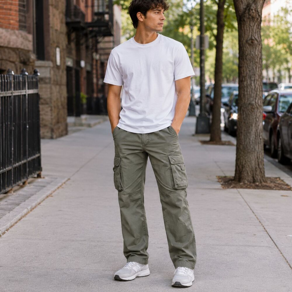 Mens Cargo Pants Utility Multi Pocket Zip Hem Relaxed Fit Cotton Green 34